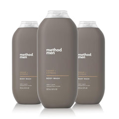Method Men Cedar + Cypress bottle close-up with quick-lather for faster showers.