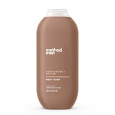 Method Men Body Wash Sandalwood + Vetiver, botella, aroma sofisticado para duchas diarias.