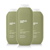 Method Men Juniper Sage body wash pack-3 bottles on display, clean scent and easy lather
