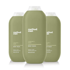 Method Men Juniper Sage body wash pack-3 bottles on display, clean scent and easy lather
