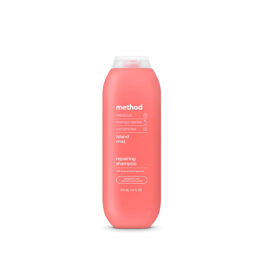 Method Repairing Shampoo Island Mist bottle on sink for color-safe cleansing.