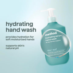 Close-up of creamy foam from Method Sea + Surf hand wash for softness.