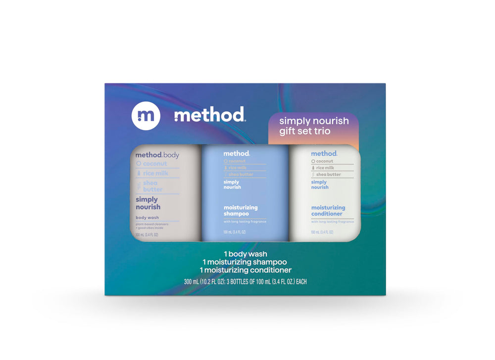 Method Simply Nourish body wash trio bottles front view, ideal for gifting