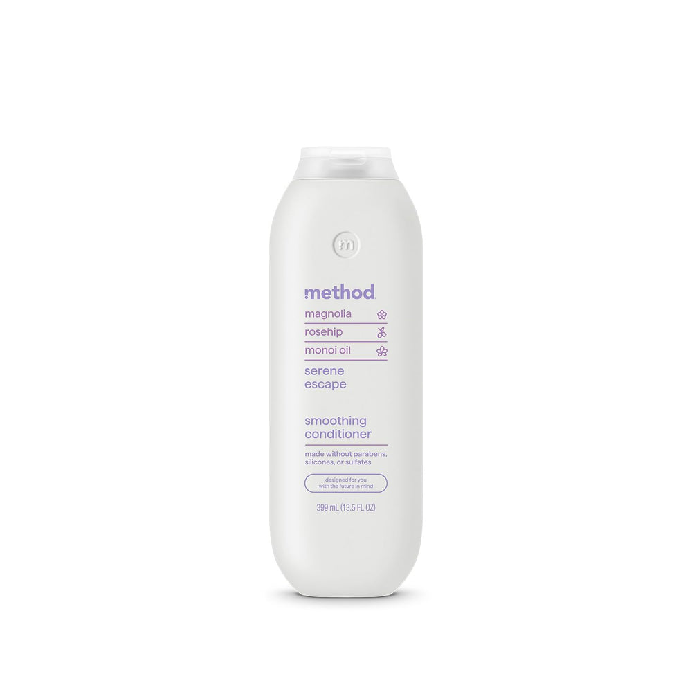 Method Smoothing Conditioner Serene Escape bottle showing frizz control for sleek, smooth hair