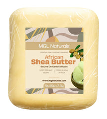 MGL Naturals raw African shea butter ivory 5lb block for deep skin and hair hydration.