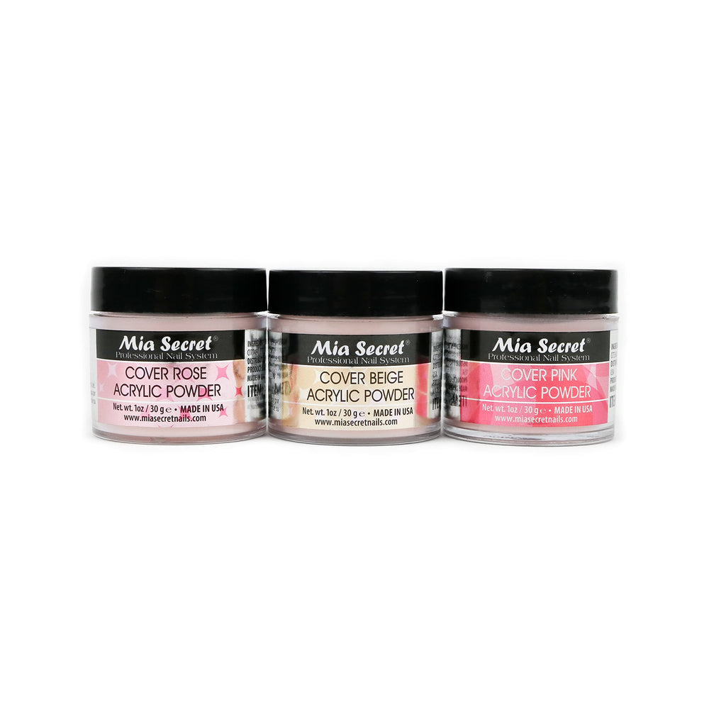 Mia Secret cover acrylic powder packaging in pink beige rose tones for at-home salon results