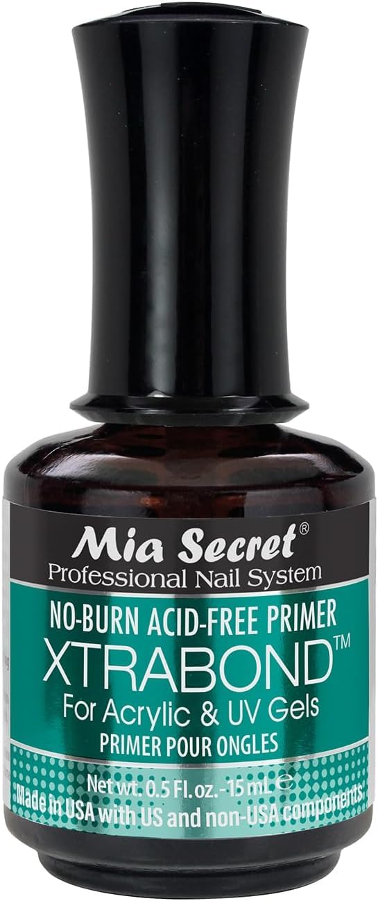 Mia Secret No Burn Primer Xtra Bond bottle closeup highlighting acid-free adhesion for acrylic and gel