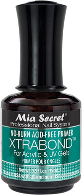 Mia Secret No Burn Primer Xtra Bond bottle closeup highlighting acid-free adhesion for acrylic and gel