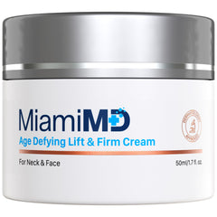 MiamiMD Age-Defying Lift & Firm Cream bottle closeup highlighting premium skin tightening potential.