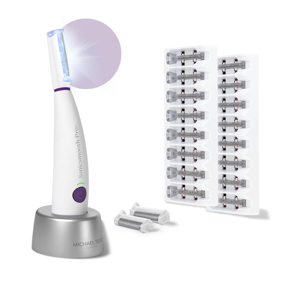 Michael Todd Sonicsmooth Pro+ dermaplaning system for at-home exfoliation and peach fuzz removal.