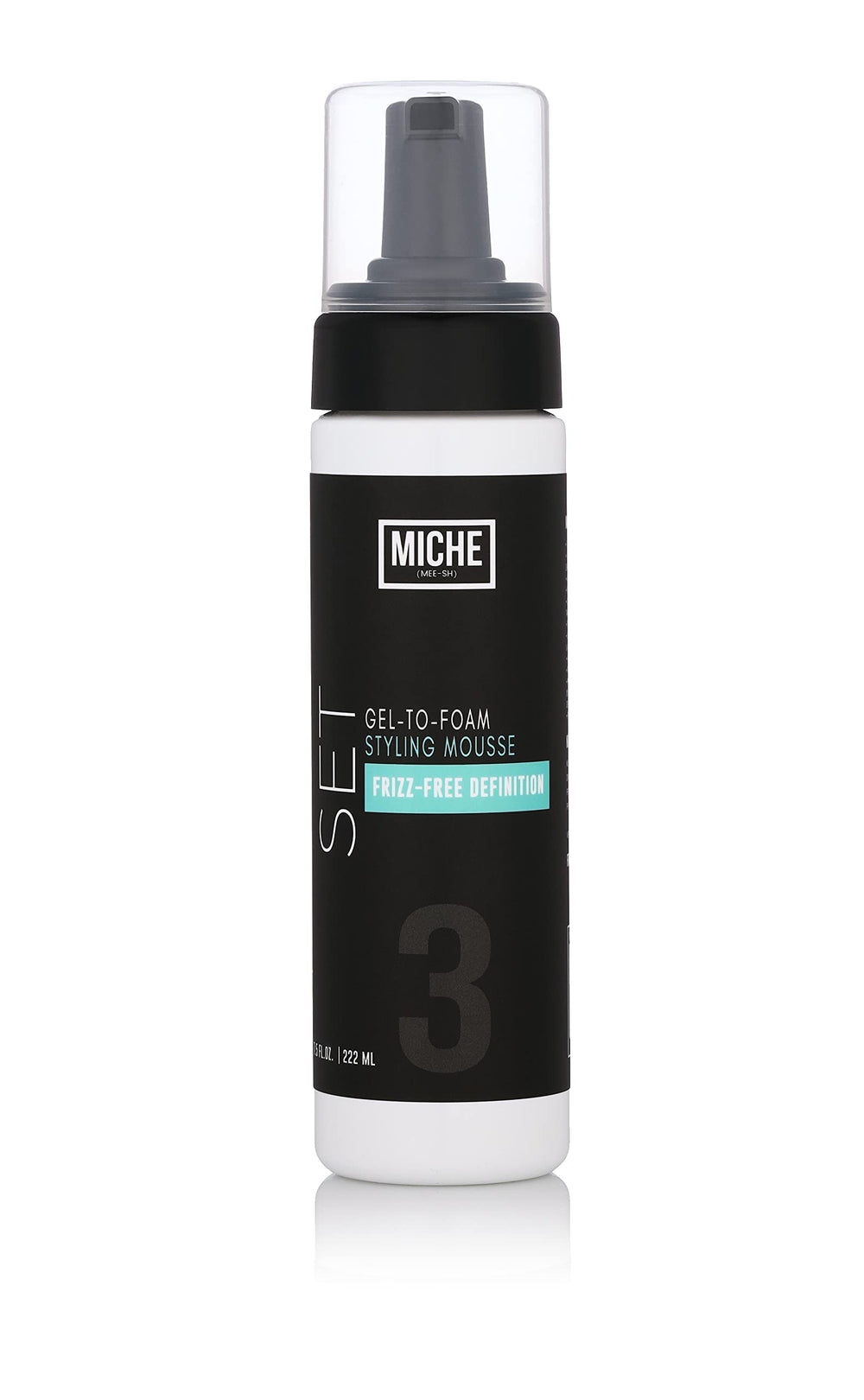 Miche Beauty gel que se transforma en mousse, botella elegante para peinado ligero y definición duradera.