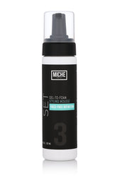 Miche Beauty gel que se transforma en mousse, botella elegante para peinado ligero y definición duradera.