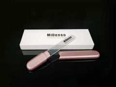 MiDenso rose-gold glass nail file highlights premium feel for safe, precise manicures.