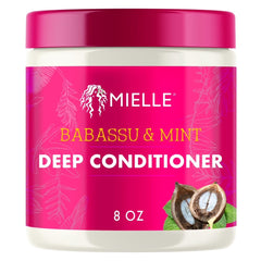 Acondicionador profundo de Mielle Organics Babassu y Menta en botella para cabello seco.