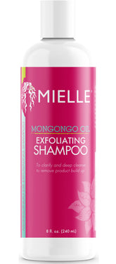 Mielle Organics Mongongo Oil Exfoliating Shampoo bottle purifying scalp while maintaining moisture.