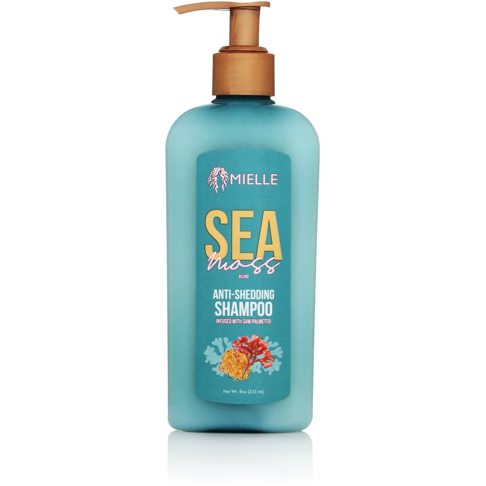 Champú Mielle Organics con musgo marino en botella, hidratación suave para cabello seco.
