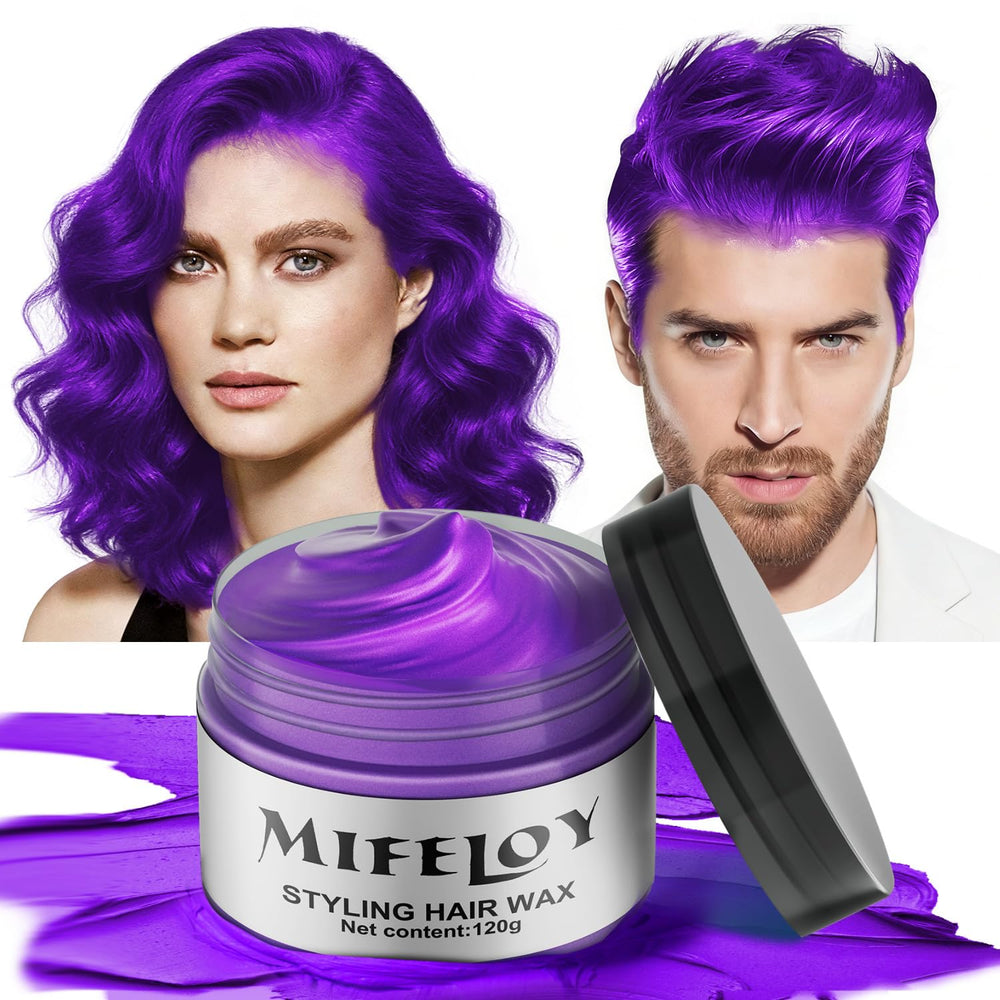 Mifeloy Purple Temporary Hair Color Wax packaging for convenient styling on the go.