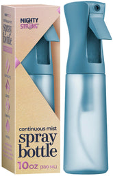 MIGHTY STRONG 10oz spray bottle delivering a fine hair mist for styling.
