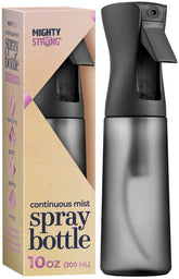 MIGHTY STRONG 10 OZ spray bottle for hair delivers a fine mist for even styling.
