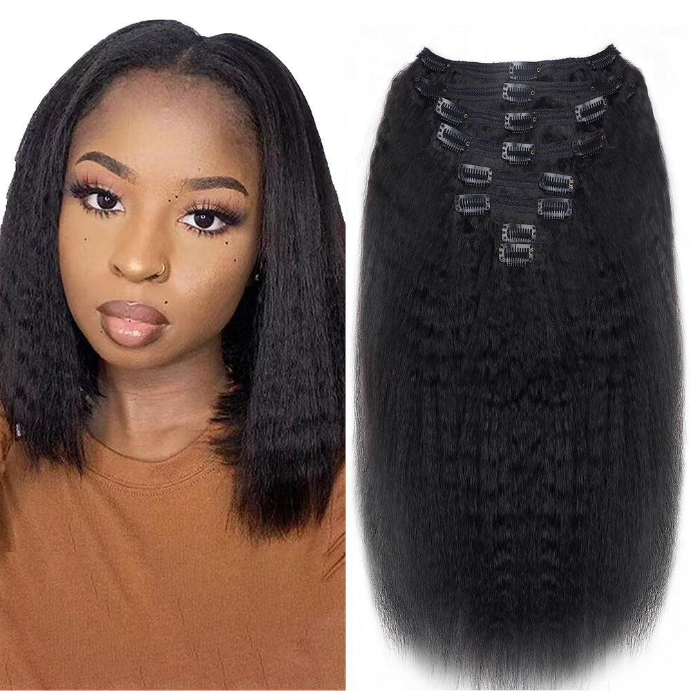 Mihugass kinky straight clip-in extensions close-up for natural blend and soft texture.