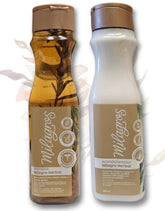 Milagros Herbal Shampoo bottle shows rosemary and ginger, boosting hair softness and shine.