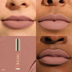 Milani labial líquido acabado mate suave con alta cobertura y menos transferencia.