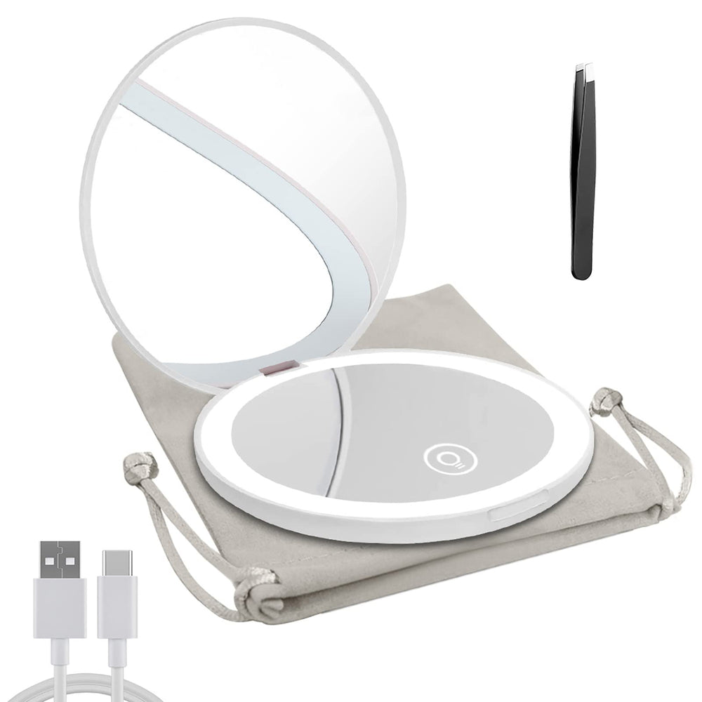 Milishow LED compact mirror front view showing 1x and 10x surfaces for everyday makeup checks