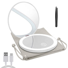 Milishow LED compact mirror front view showing 1x and 10x surfaces for everyday makeup checks
