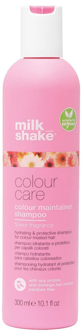 Milk Shake Flower Color Shampoo bottle on vanity, protecting color while hydrating.