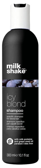 Milk-Shake icy blond shampoo bottle ready to neutralize brass on platinum hair.