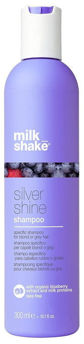 Milk Shake Silver Shine Shampoo bottle shows color-correcting formula for cooler blonde tones.