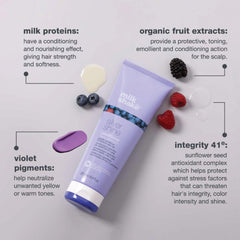 close-up of purple pigment on milk-shake Silver Shine conditioner label counteracting yellow tones