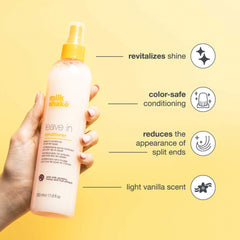 Milkshake Leave-In Detangler Spray bottle label highlights color-treated hair protection and shine.