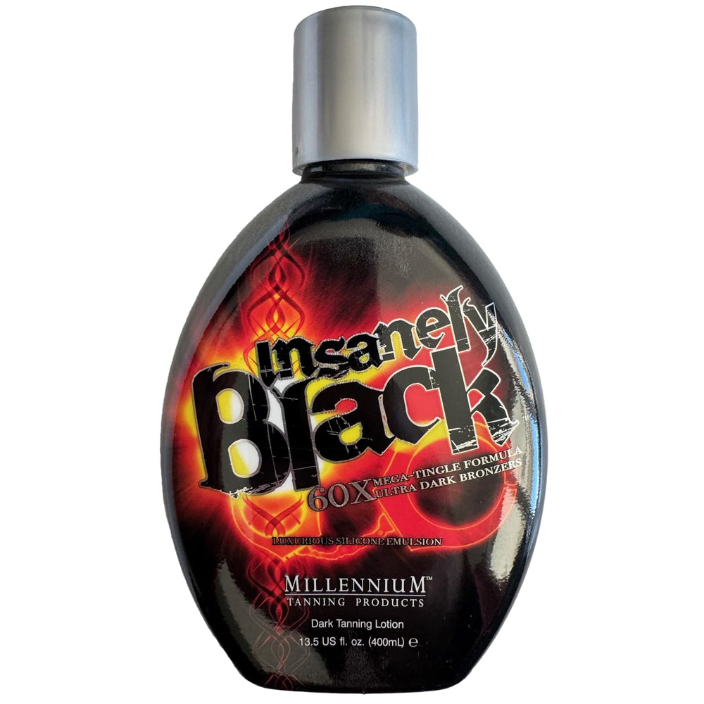 Millennium Tanning Insanely Black 60x bottle offers deep, long-lasting color.