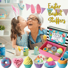 Bombas de baño con donas y burbujas, colores vibrantes para juego seguro.