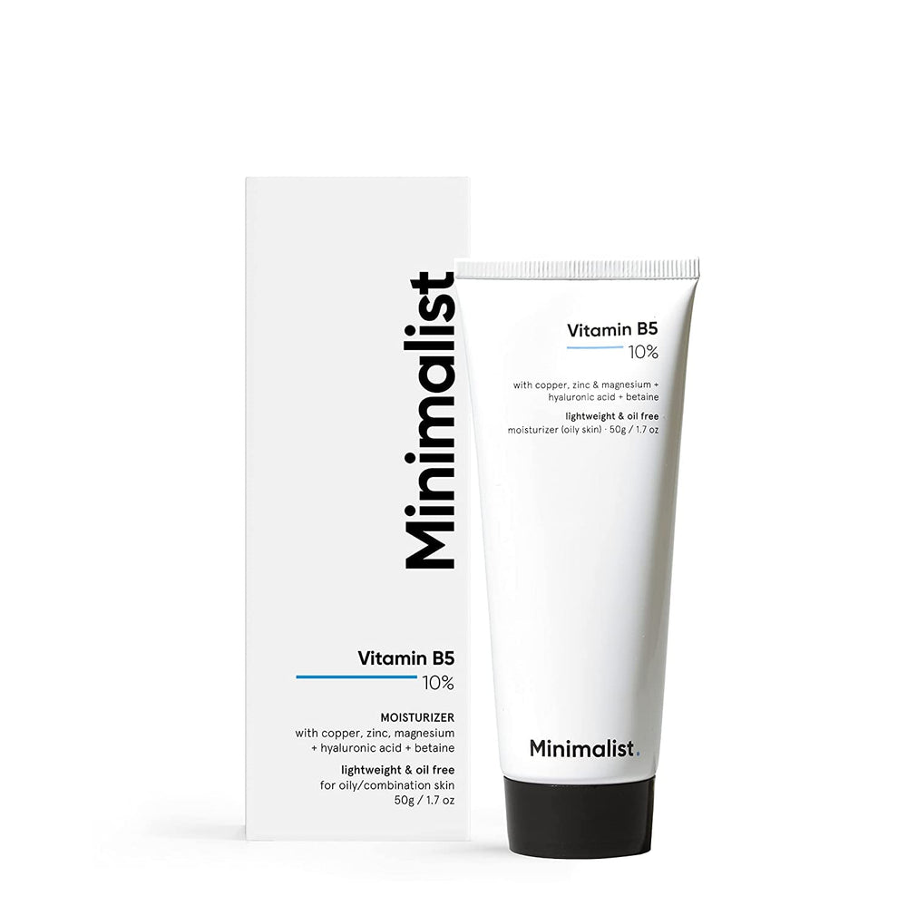 Minimalist Vitamina B5 10% crema facial en envase, hidratación ligera para piel grasa.