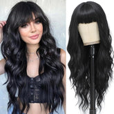 MINSEEYOO long black wig with bangs for natural waves and daily style.