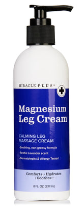 Miracle Plus crema magnesio, frasco, alivio suave para piernas cansadas.