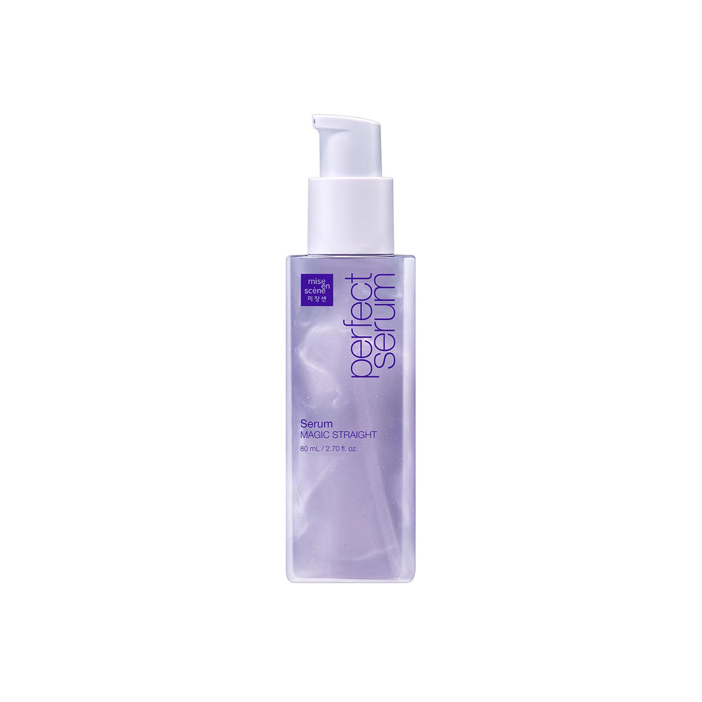 Mise En Scene Perfect Serum Magic Straight bottle pour demonstrates quick frizz control.