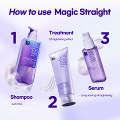 Mise En Scene Perfect Serum Magic Straight styling-gloss shot suggests a sleek finish.
