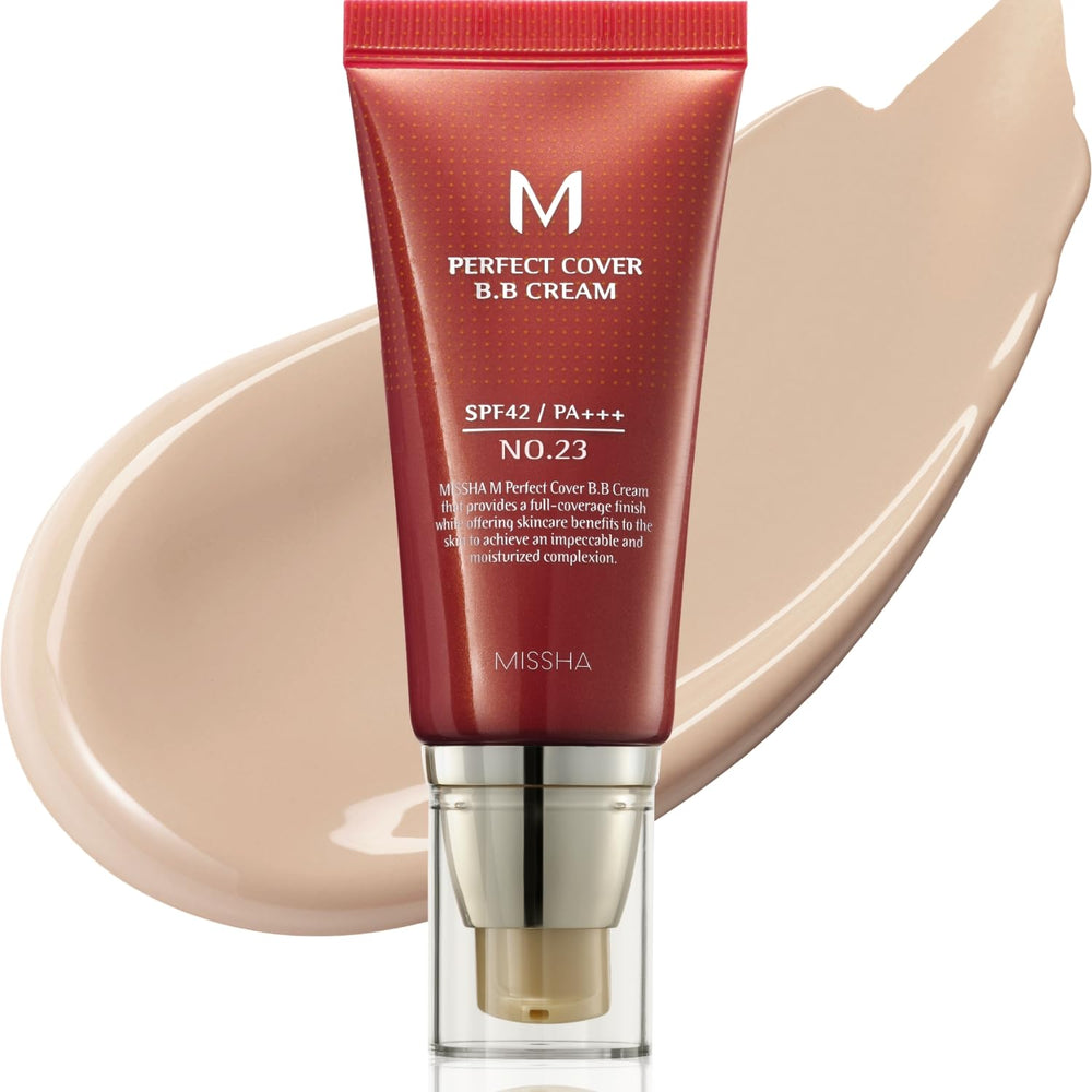 MISSHA M Perfect Cover BB crema no23, frente con tono natural para piel uniforme.