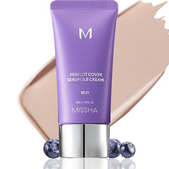 MISSHA M Perfect Cover Serum BB No.21 bottle shows lightweight tint for natural glow