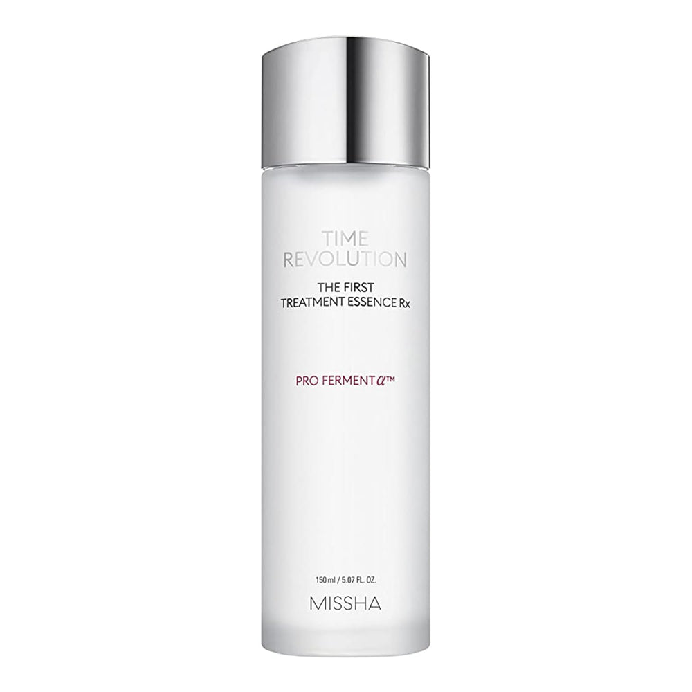 MISSHA Time Revolution First Essence RX bottle pour, highlighting hydration and texture refinement