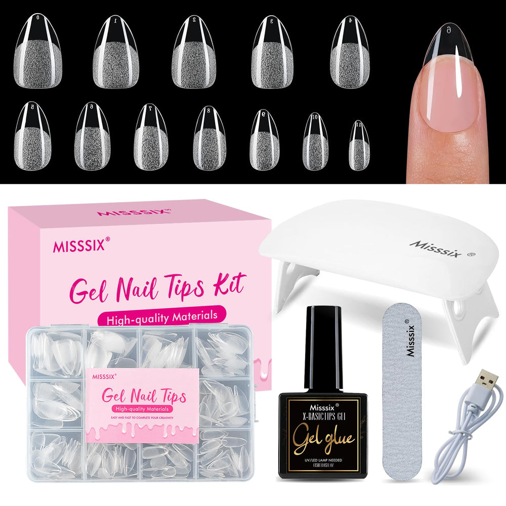 Misssix short almond nails kit contents showing 216 tips for home manicure