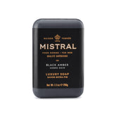 Mistral Black Amber bar soap wrapping highlights premium presentation for a refined grooming routine