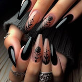 MISUD long coffin nails with goth black rose design for bold nightlife style.