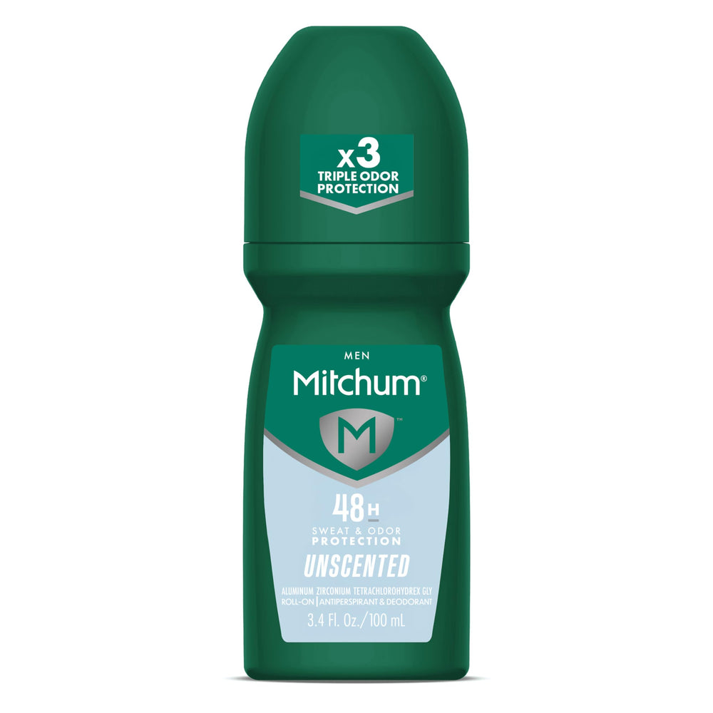 Mitchum Unscented Roll-On application for smooth coverage and all-day freshness.