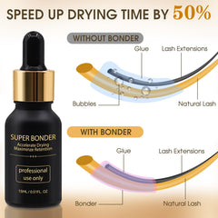 Miuffue lash bonder bottle closeup highlighting fast curing and flexible adhesion