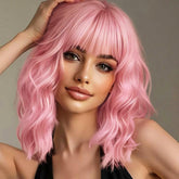 Miuric light pink wig with short pastel waves, ideal for daily wear and cosplay.