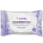 Mivida hypoallergenic makeup remover wipes bottle, 25-count, ideal for sensitive skin cleansing.